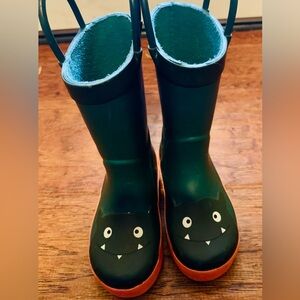 Carter’s Boy’s Easy Pull-on Rain Boots Green Orange Monster Face Cute Shoes